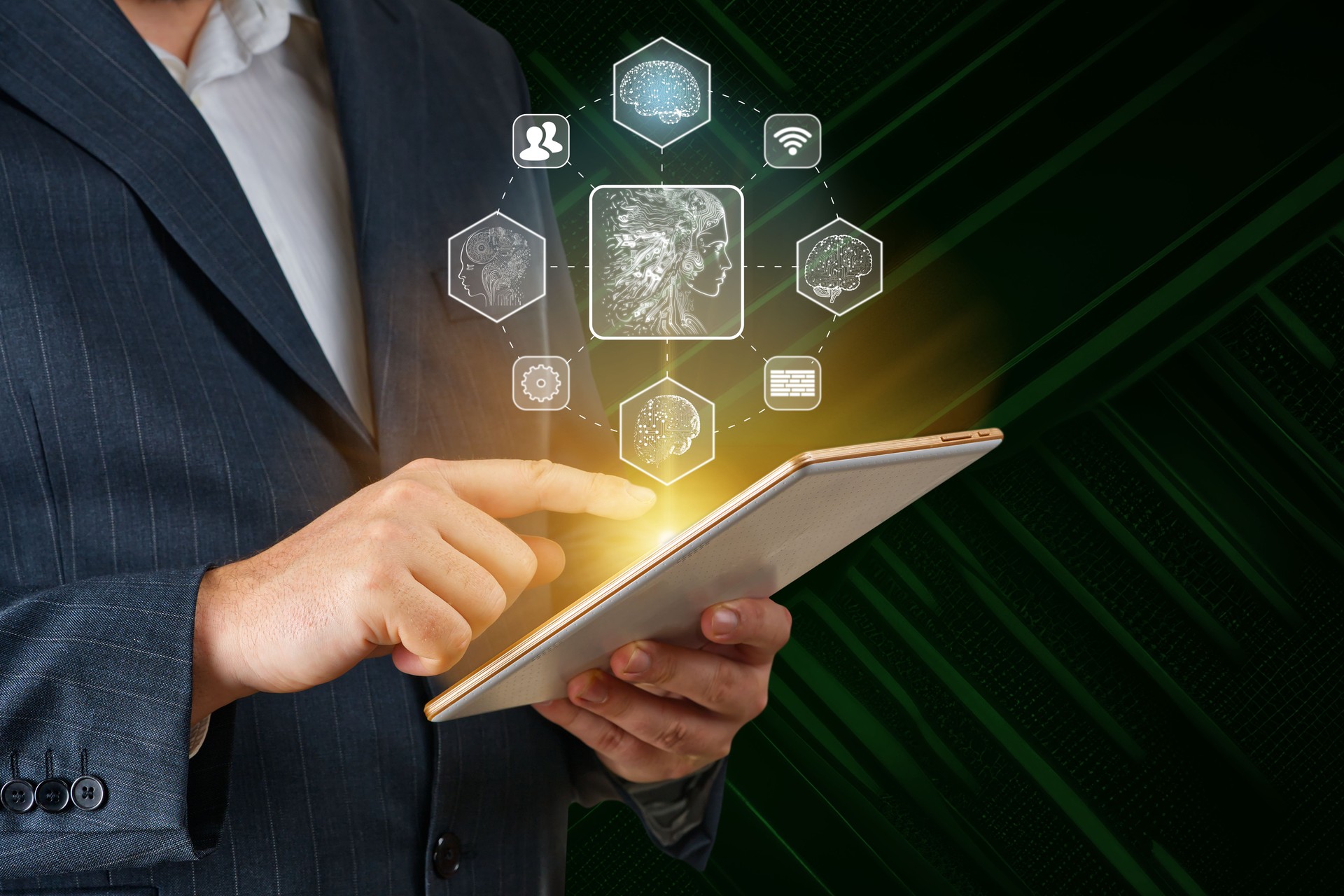 Businessman working on tablet using ai. Business technology, IoT Internet of Things, ai concept